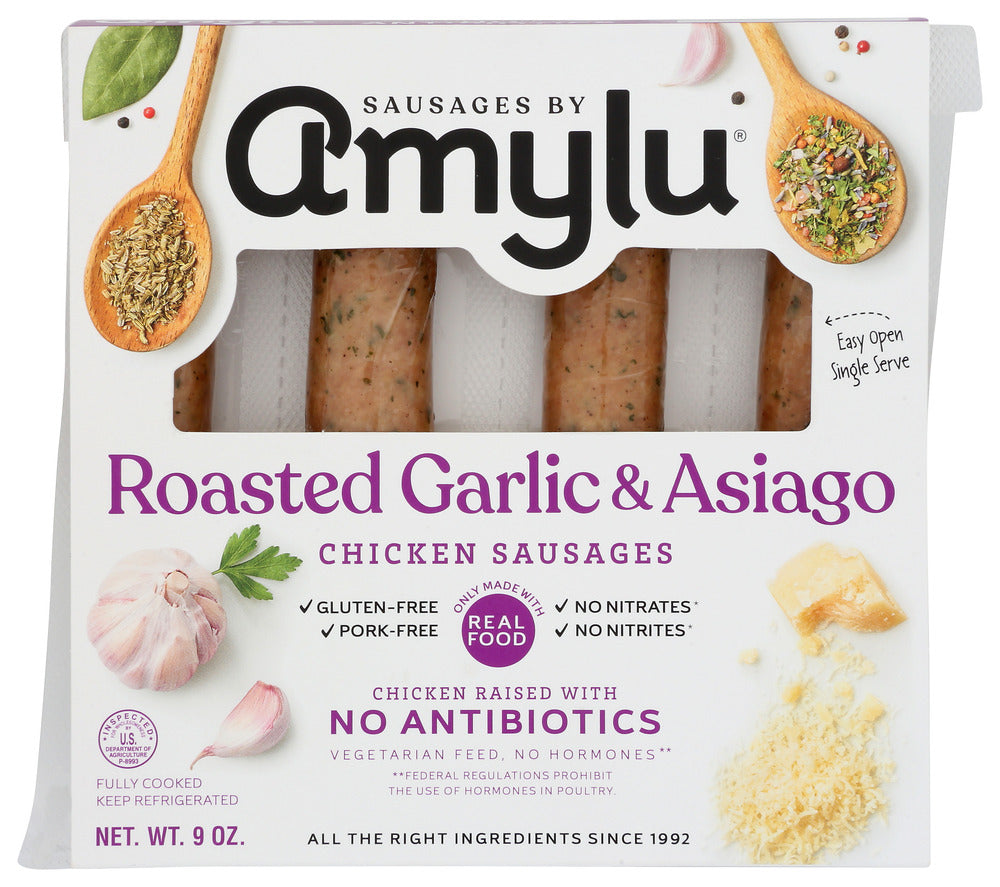 SAUSAGES BY AMYLU: Roasted Garlic & Asiago Chicken Sausage, 9 oz
