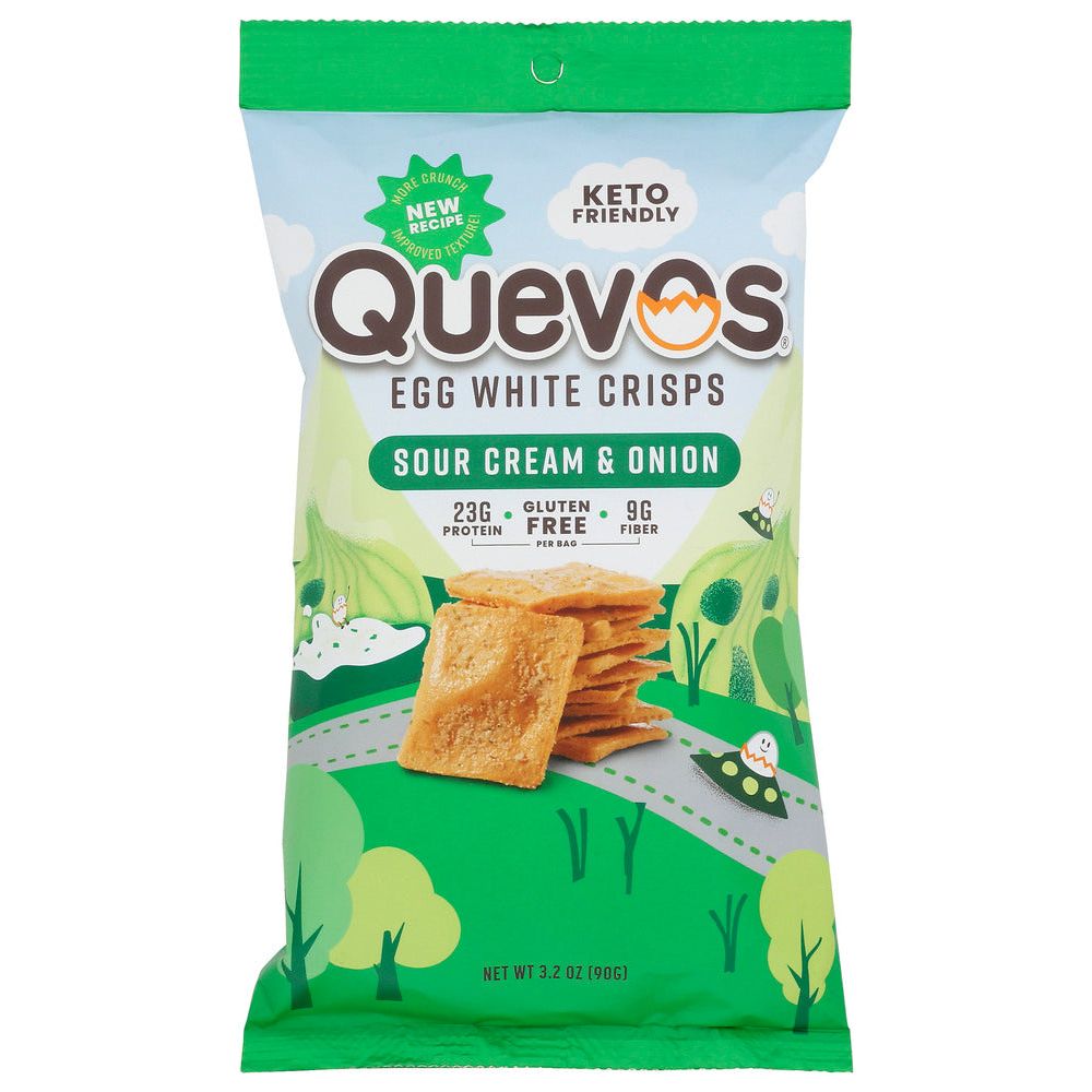 QUEVOS: Sour Cream Onion Egg White Crisps, 3.2 oz