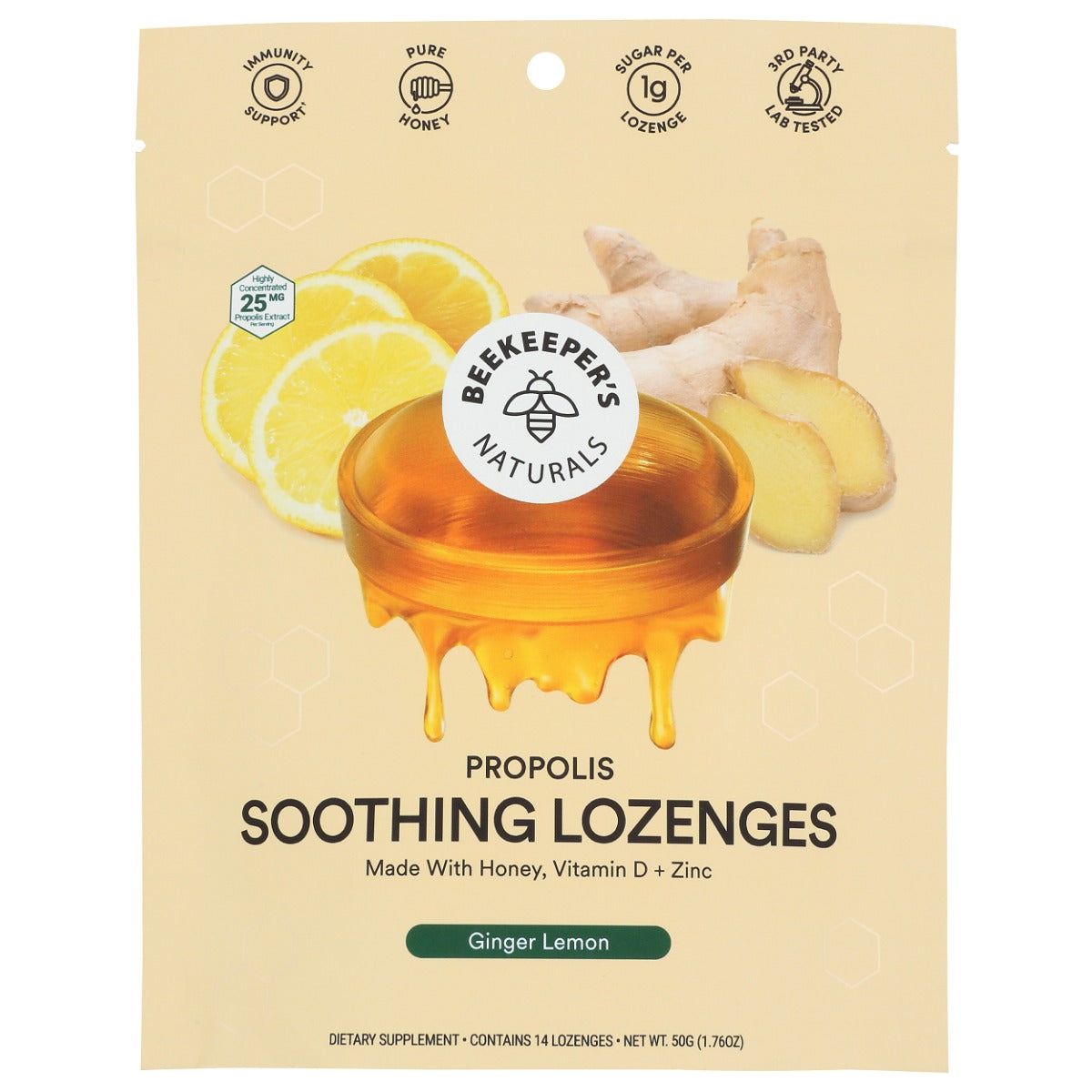 BEEKEEPERS: Ginger Lemon Soothing Lozenges, 50 g - #tag1# - #tag2#