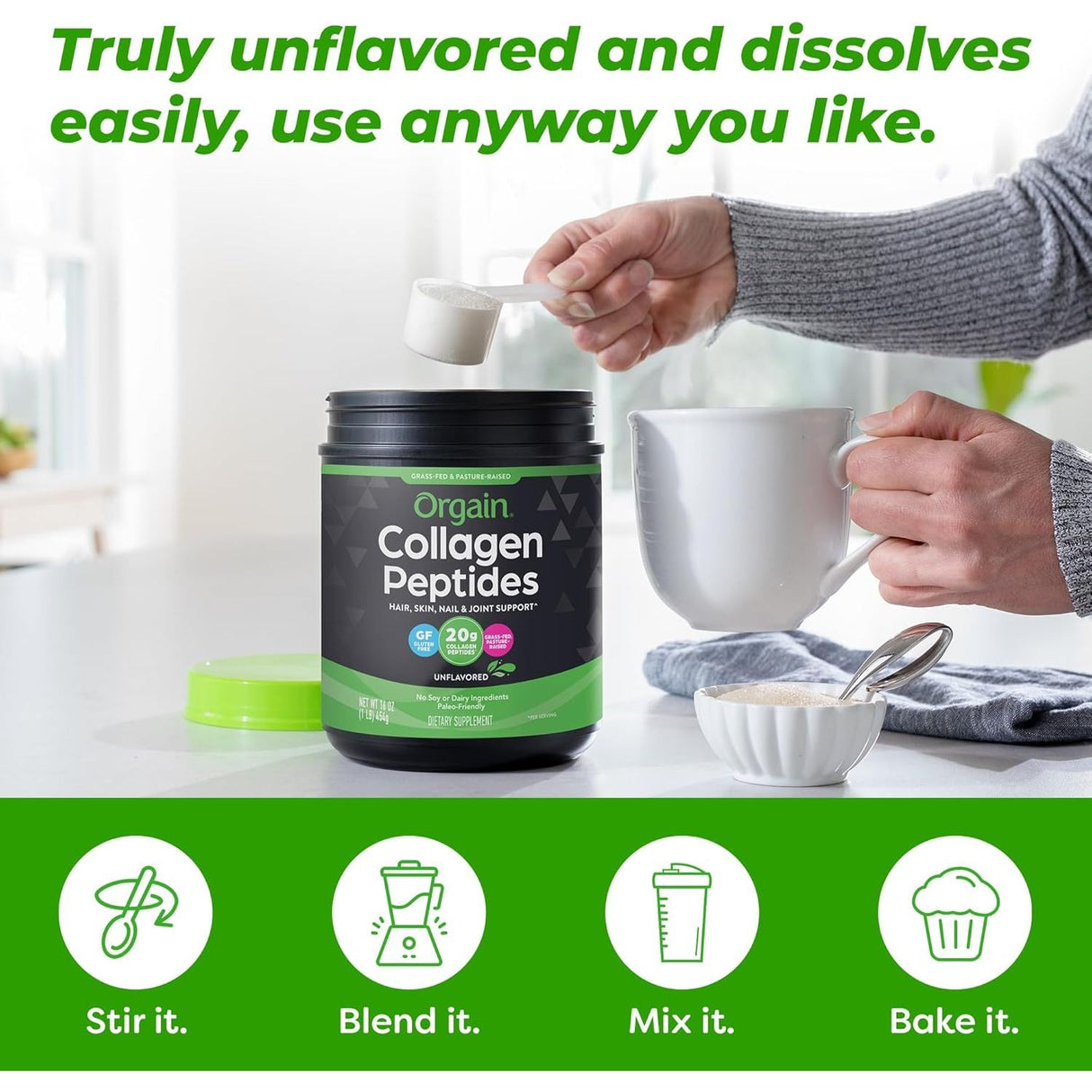 ORGAIN Collagen Peptides Powder For Women & Men, 20g Grass Fed Collagen, Unflavored