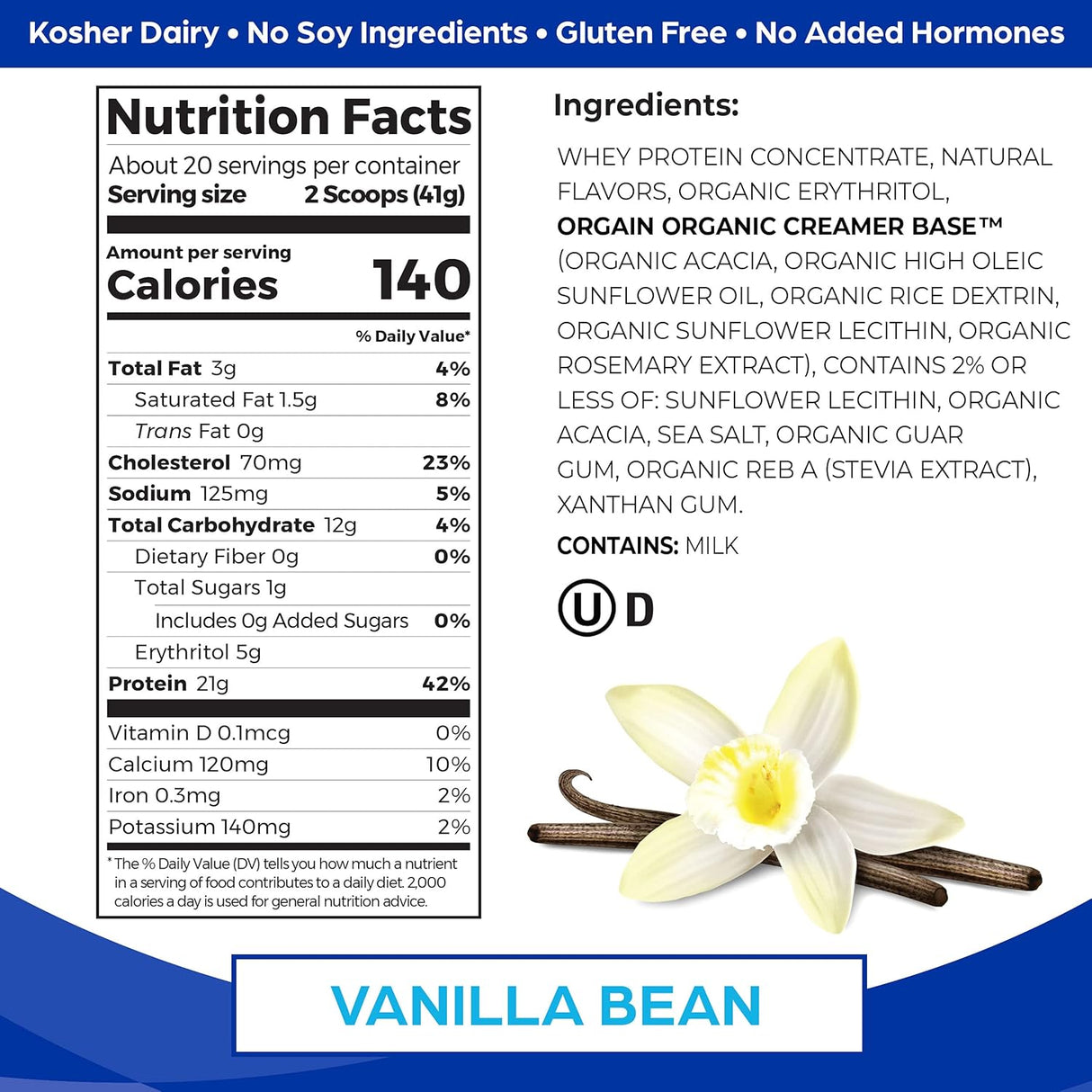 Orgain Grass-Fed Whey Protein Powder, Vanilla Bean - 21g, 1.82lb