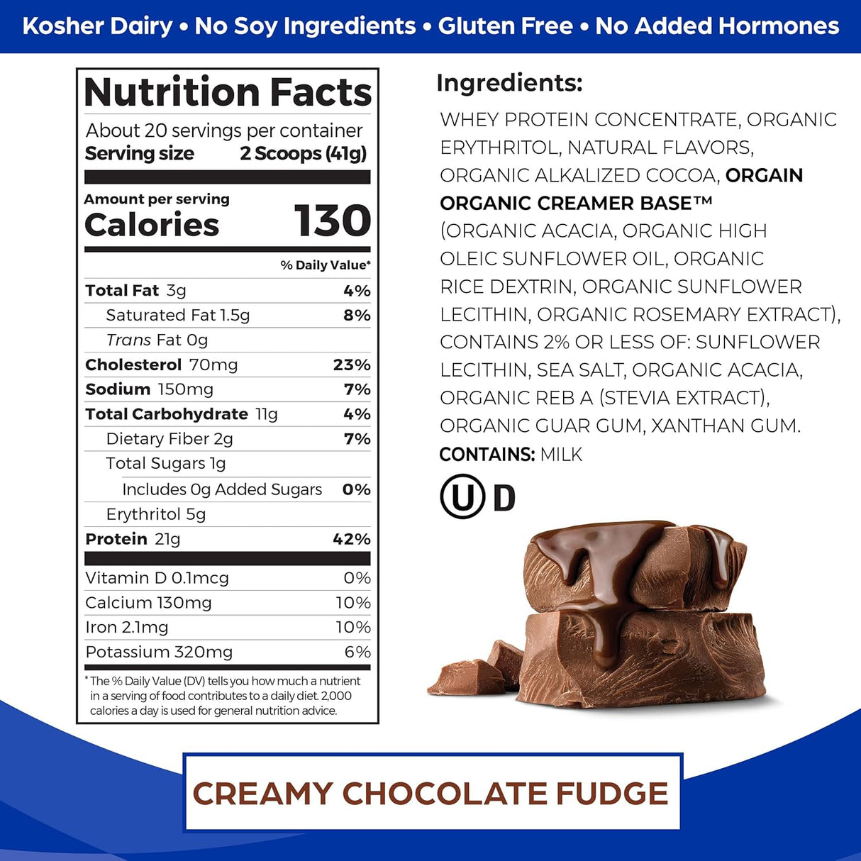 Orgain Grass-Fed Whey Protein Powder, Creamy Chocolate Fudge - 21g, 1.82lb