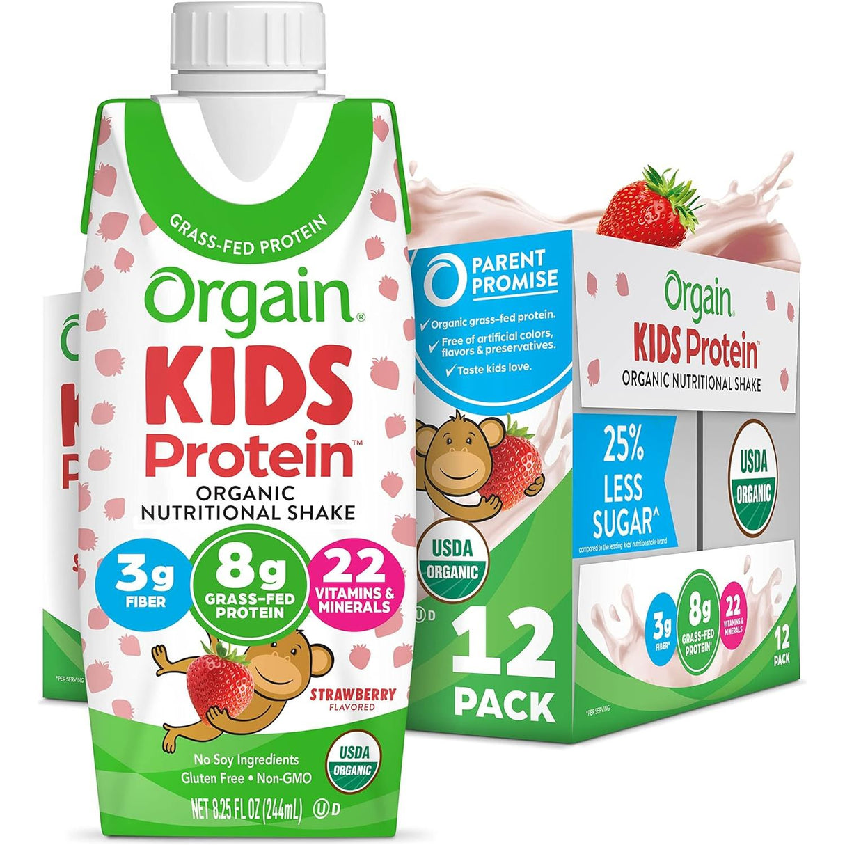 ORGAIN Kids Protein Organic Nutritional Shake, Strawberry, 12PK