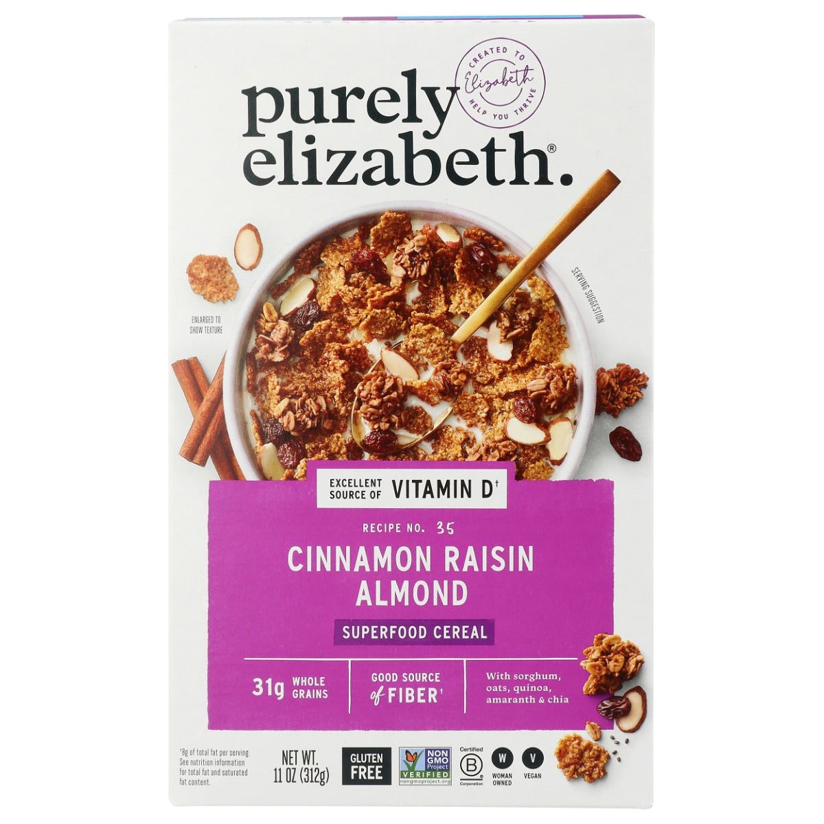 PURELY ELIZABETH: Cinnamon Raisin Almond Superfood Cereal With Vitamin D, 11 oz