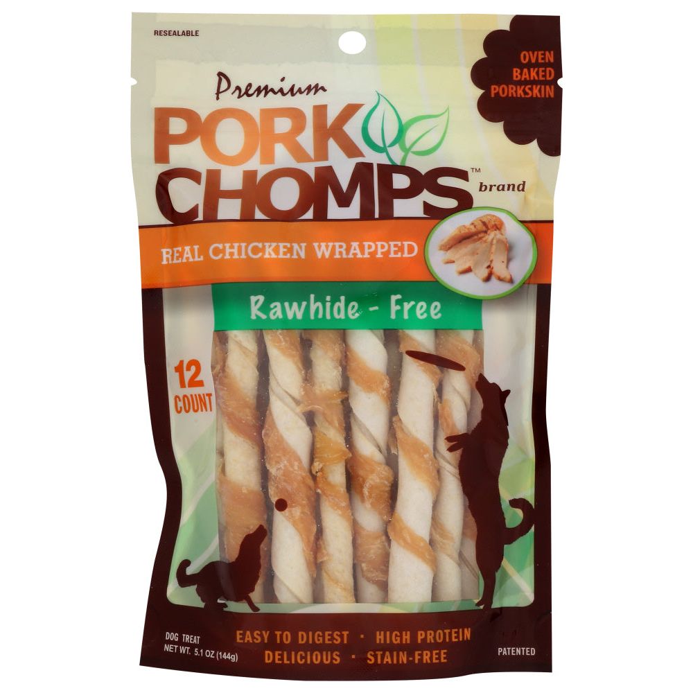 PORK CHOMPS: Premium Mini Real Chicken Wrapped Twists Dog Treat, 12 ea