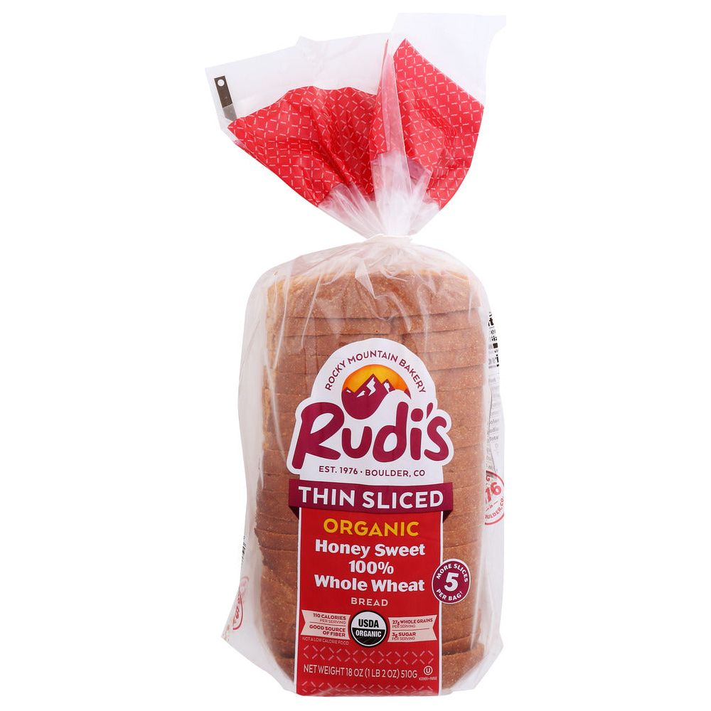 RUDIS: Thin Sliced Honey Sweet 100 Percent Whole Wheat Bread, 18 oz