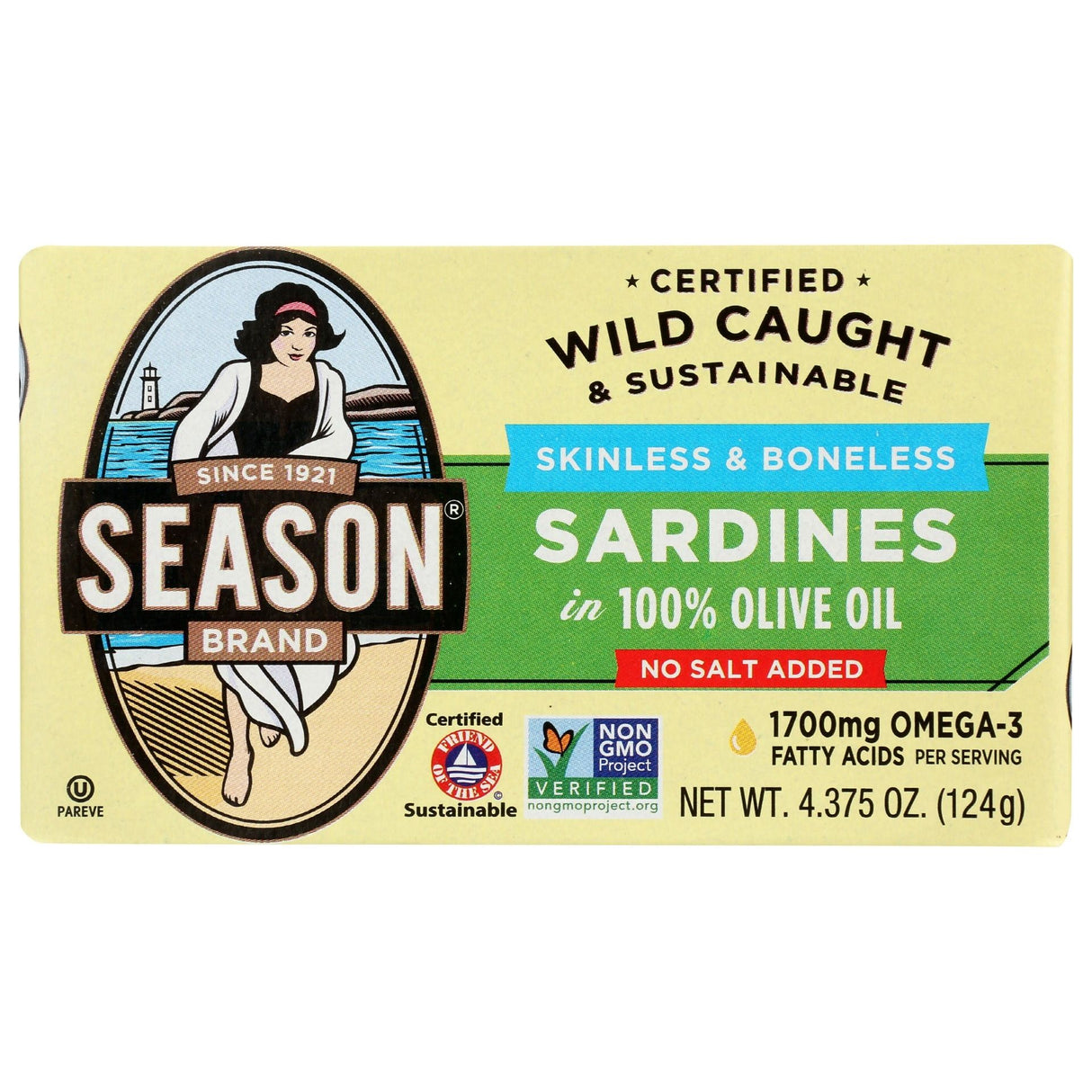 SEASONS: Skinless and Boneless Sardines In Pure Olive Oil No Salt Added, 4.375 oz
