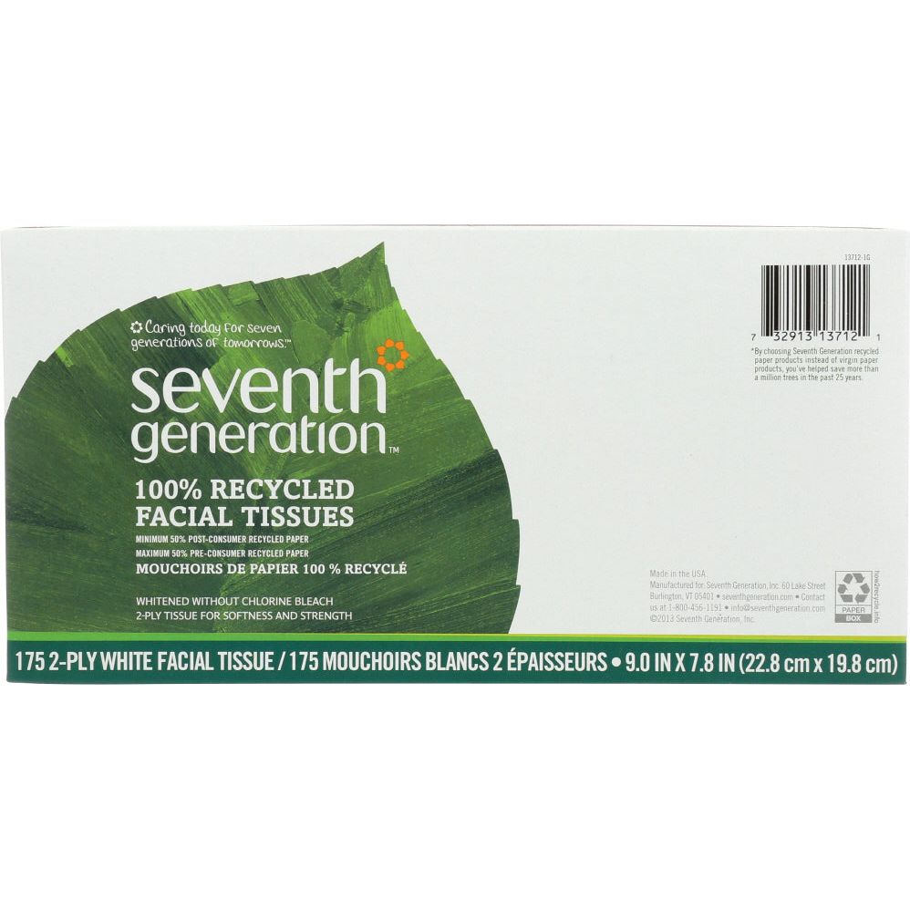 SEVENTH GENERATION: Facial Tissue White Unscented 175 Counts, 1 ea