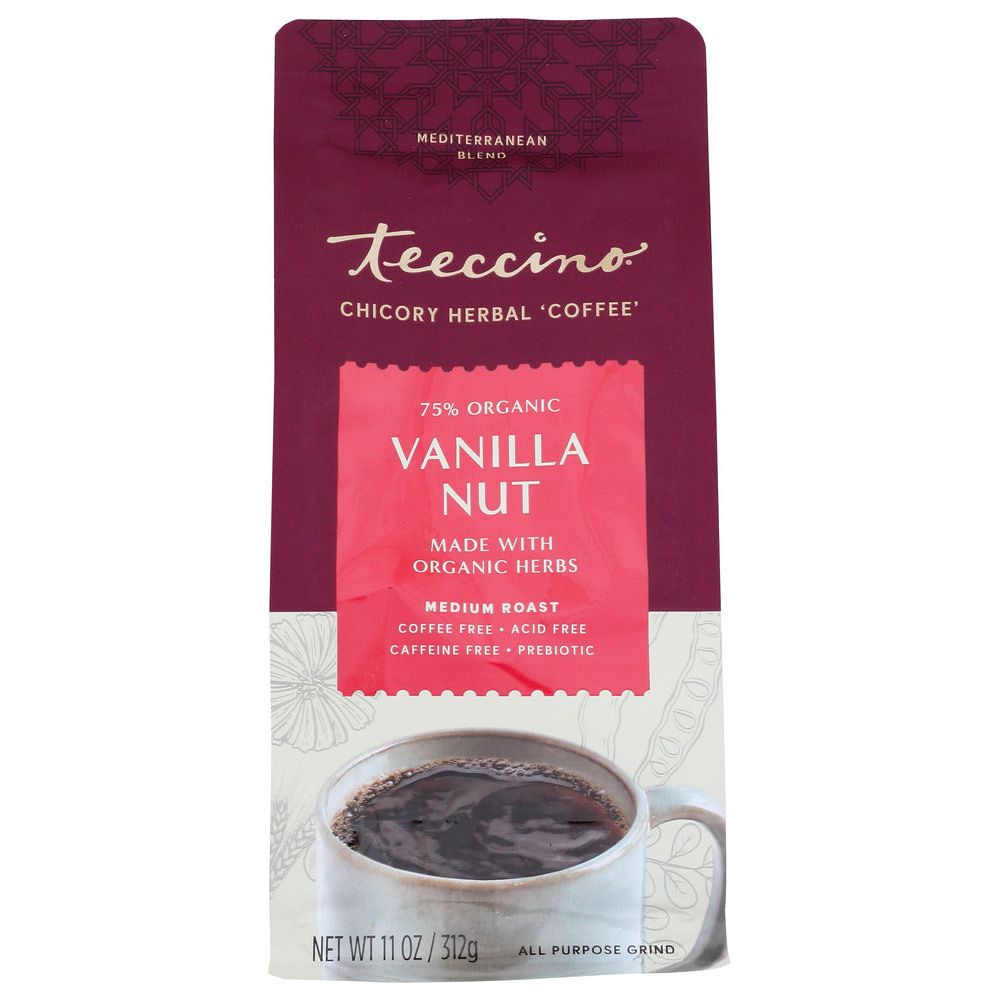 TEECCINO: Mediterranean Herbal Coffee Medium Roast Caffeine Free Vanilla Nut, 11 oz
