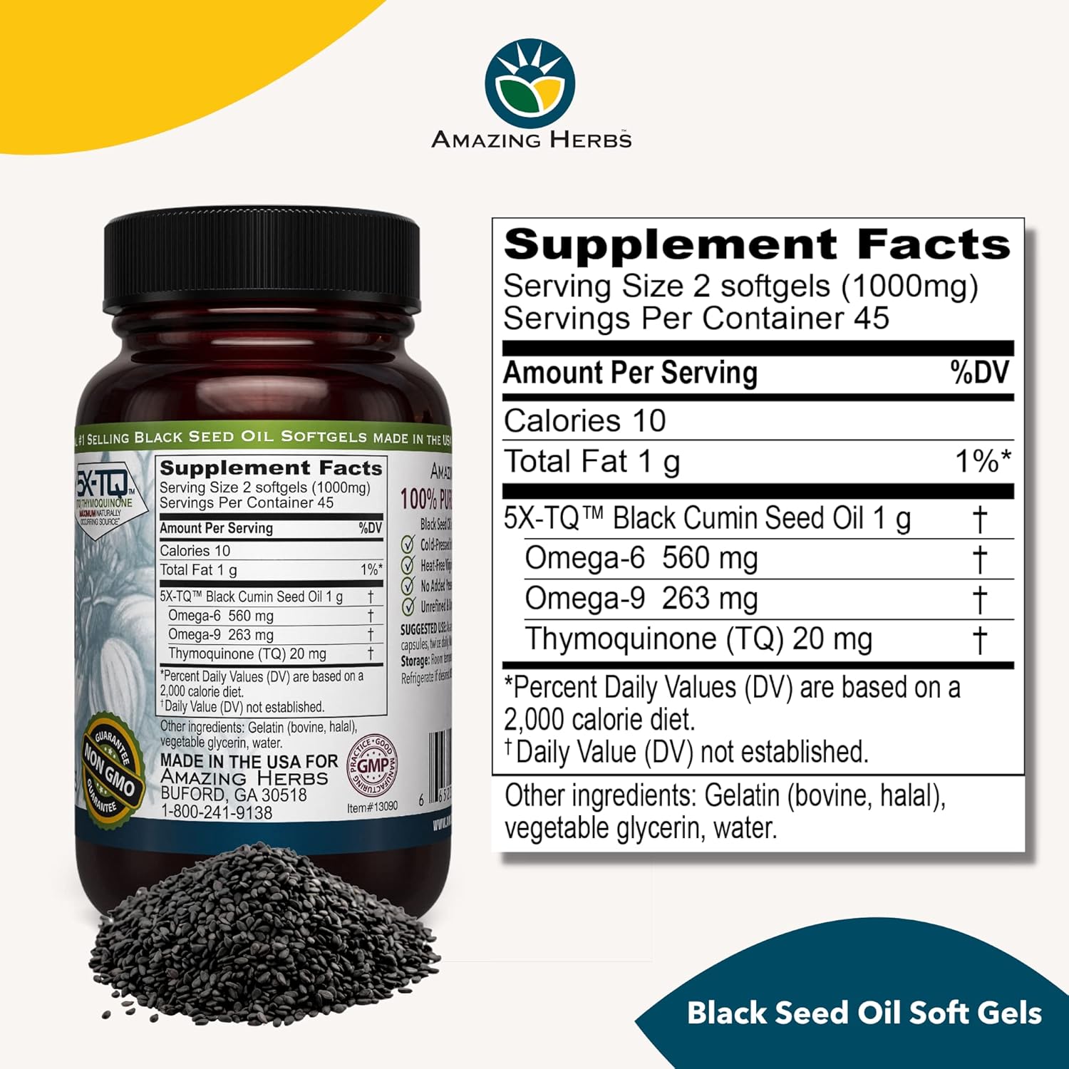 AMAZING HERBS BLACK SEED 100% Pure Cold-Pressed Black Cumin Seed Oil, 500mg, 90 Softgel Capsules - #tag1# - #tag2#