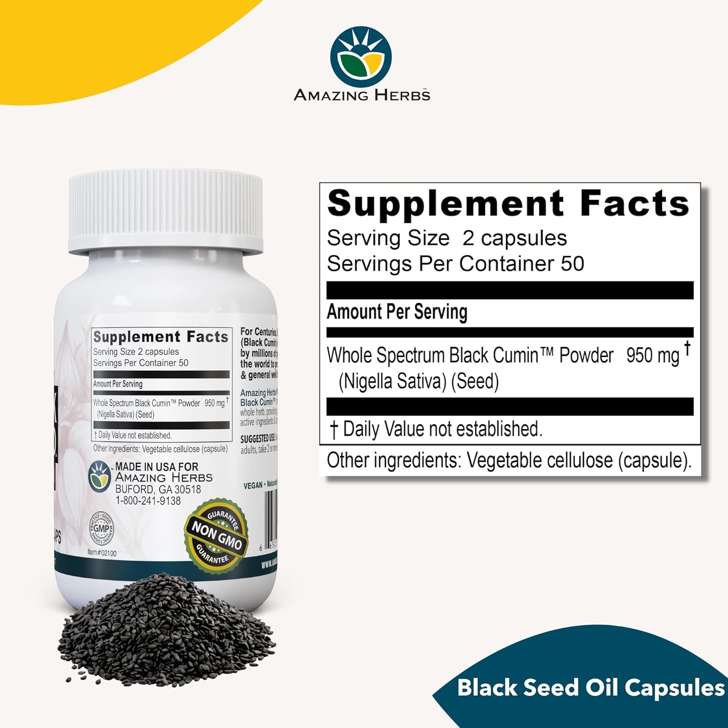 AMAZIN HERBS BLACK SEED Original Plain Black Cumin, 100 Veg. Capsules - #tag1# - #tag2#