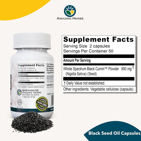 AMAZIN HERBS BLACK SEED Original Plain Black Cumin, 100 Veg. Capsules - #tag1# - #tag2#