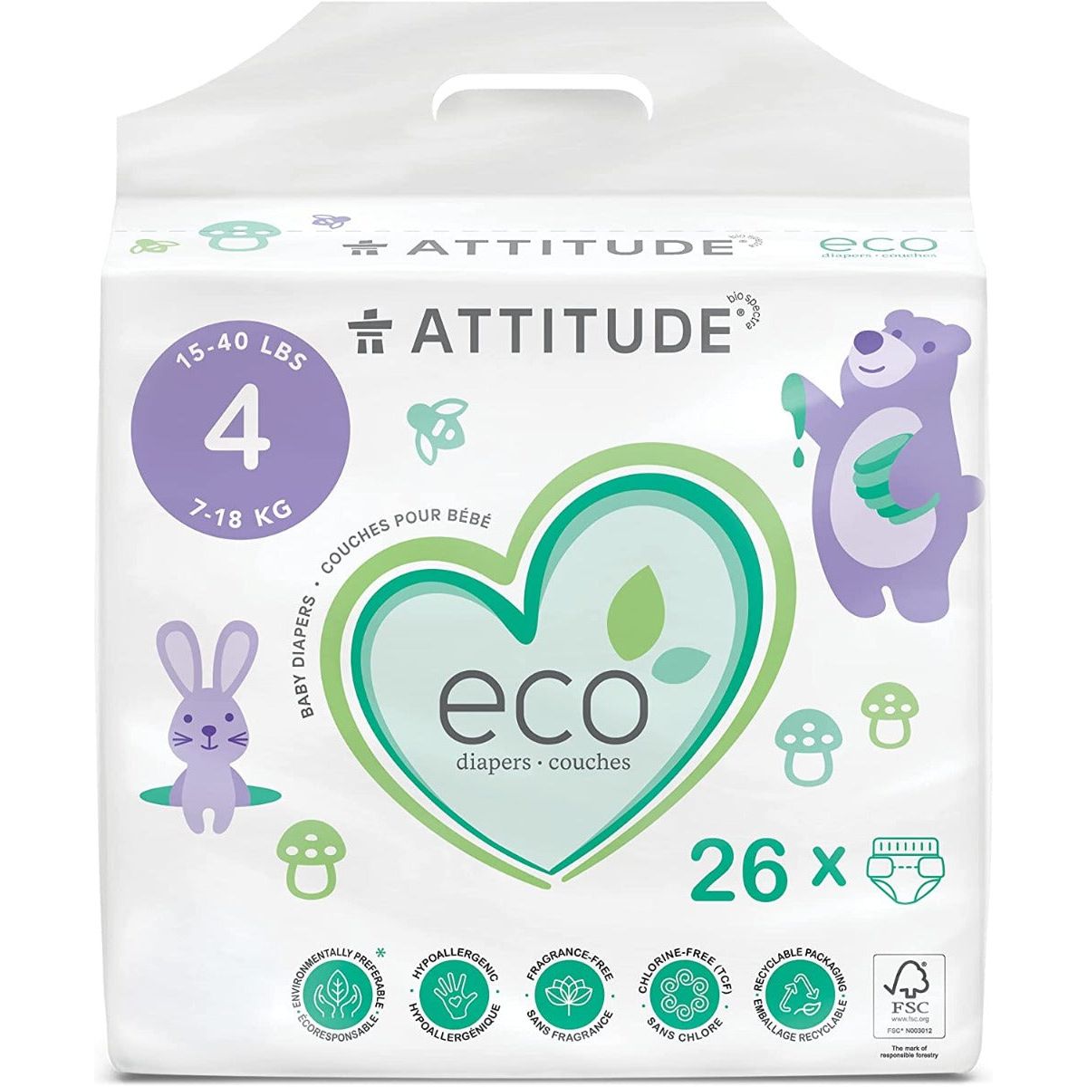 ATTITUDE: Baby Diapers Size 4, 26 un - #tag1# - #tag2#