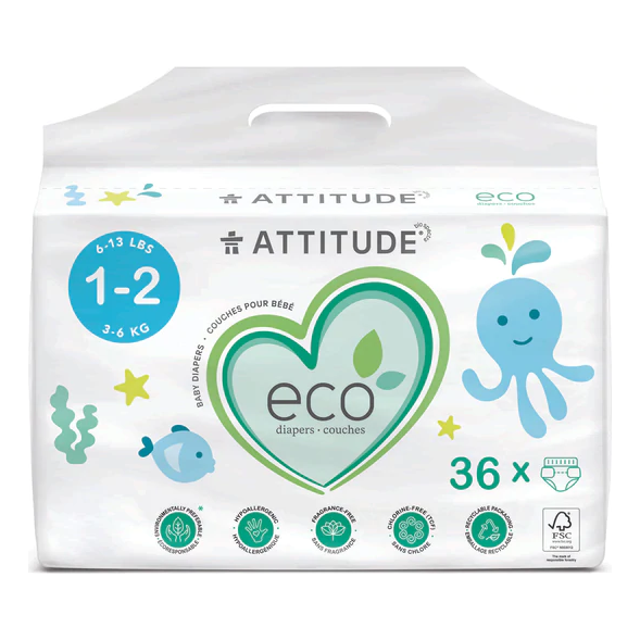 ATTITUDE: Biodegradable Baby Diapers Size 1 and 2, 36 un - #tag1# - #tag2#