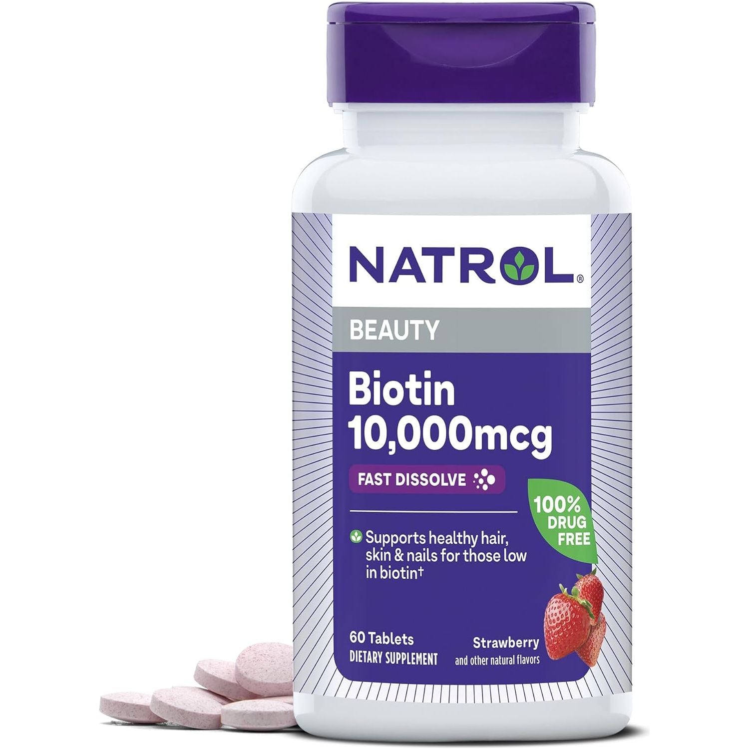 NATROL Biotin Beauty, Fast Dissolve, 10,000 mg, Strawberry, 60 Tablets - #tag1# - #tag2#