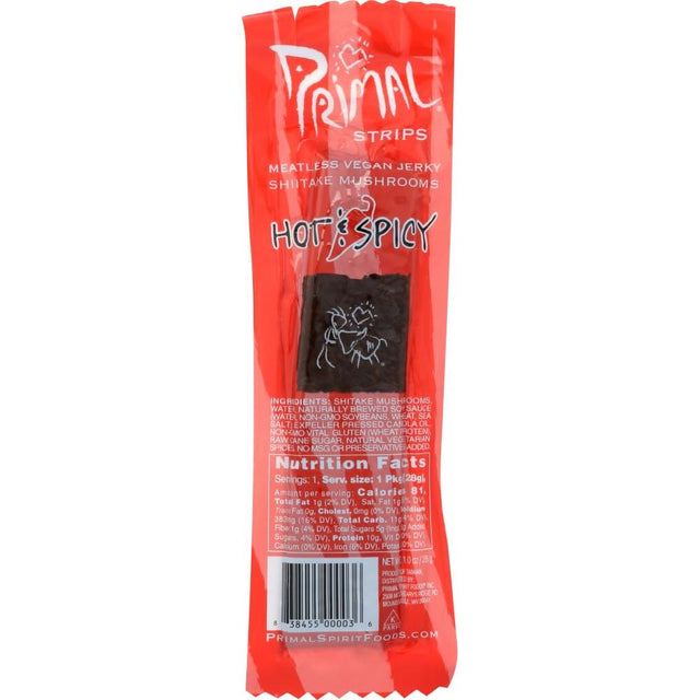PRIMAL STRIPS: Shiitake Mushroom Hot Spicy Meatless Vegan Jerky, 1 oz - Sunshine Co Op. - #tag1# - #tag2# - #tag3# - #tag4#