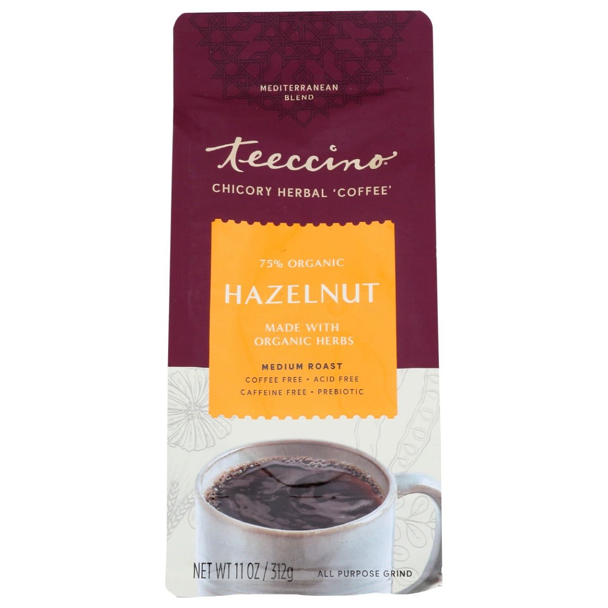 TEECCINO: Mediterranean Herbal Coffee Hazelnut Medium Roast Caffeine Free, 11 oz